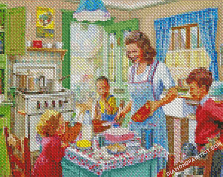 Mother And Kids in Kitchen - 5D Diamond Painting 